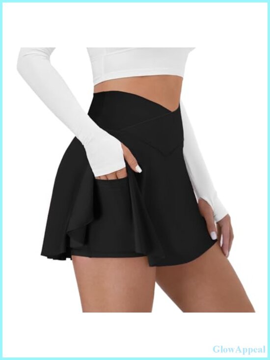 Dresses & Skirts - High Waisted Crossover Tennis Skort with Built-in Shorts & Pocket